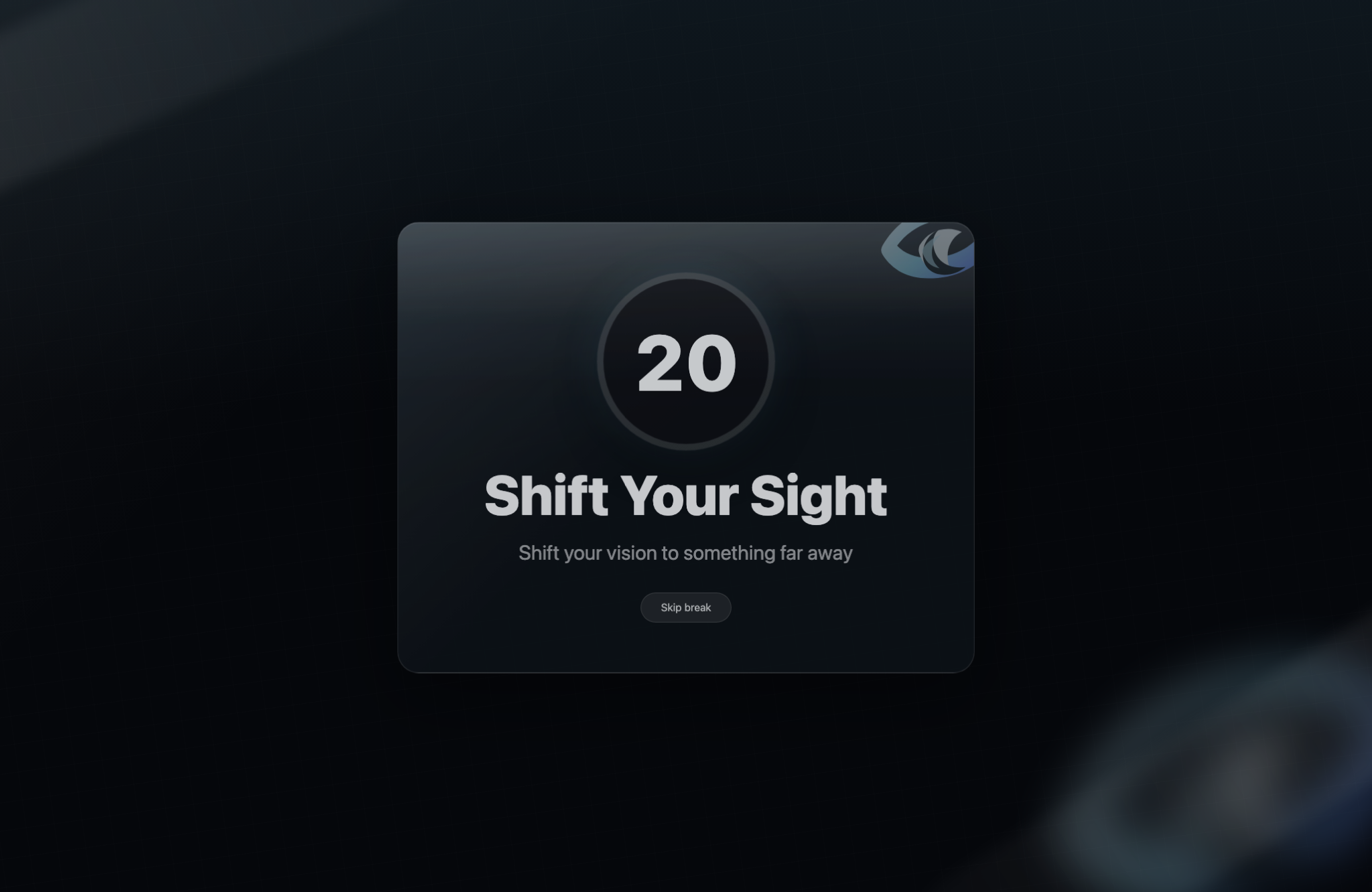 ShiftSight full-screen break overlay with a countdown timer