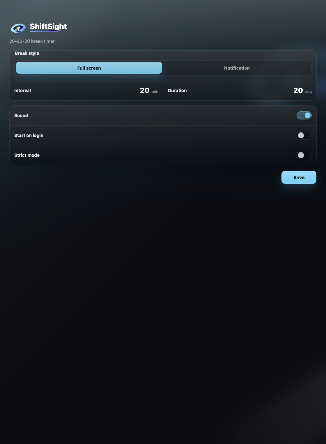 ShiftSight settings window with break style, timer, and toggles
